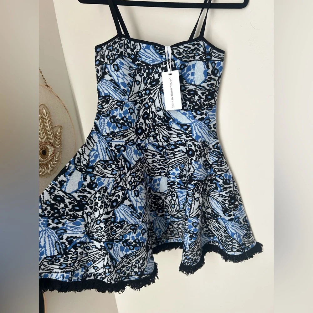 Viral Torn by Ronny Kobo Blue Butterfly Patterned Stretchy Flare Mini Dress - Picture 2 of 4